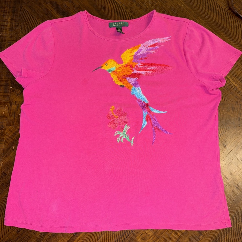 Lauren Ralph Lauren Embroidered Hummingbird Pink Short Sleeve Preppy Artsy XL